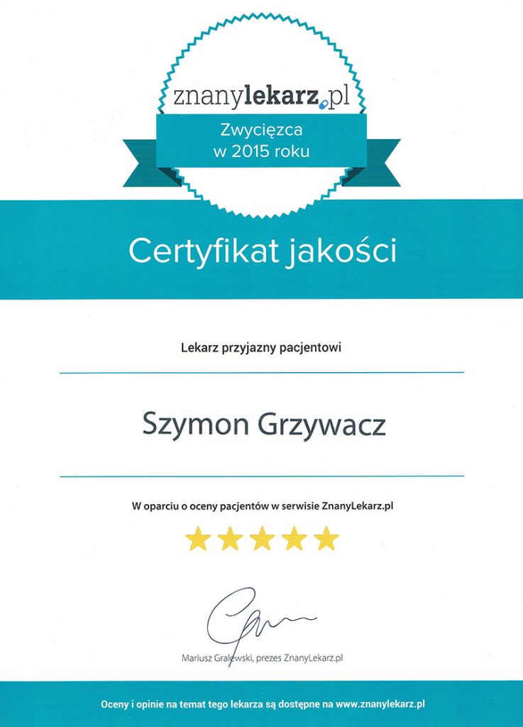 Quality Certificate – Patient-Friendly Doctor For Dr. Szymon Grzywacz