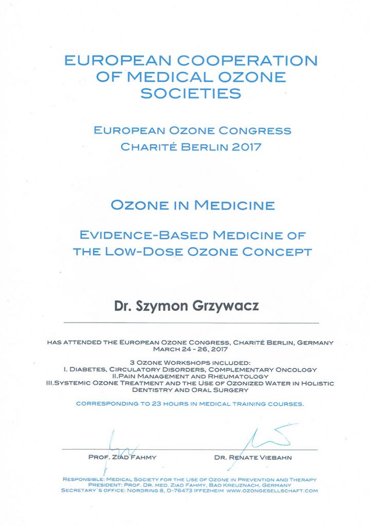 Europejski Kongres Ozonoterapii Europejskiego Zrzeszenia Medycznych Towarzystw Ozonowych (European Cooperation of Medical Ozone Societies) „Ozonoterapia jako część medycyny opartej na faktach (EBM – Evidence Based Medicine). Wskazania, przewlekłe choroby zapalne, onkologia komplementarna, leczenie bólu. Badania kliniczne”