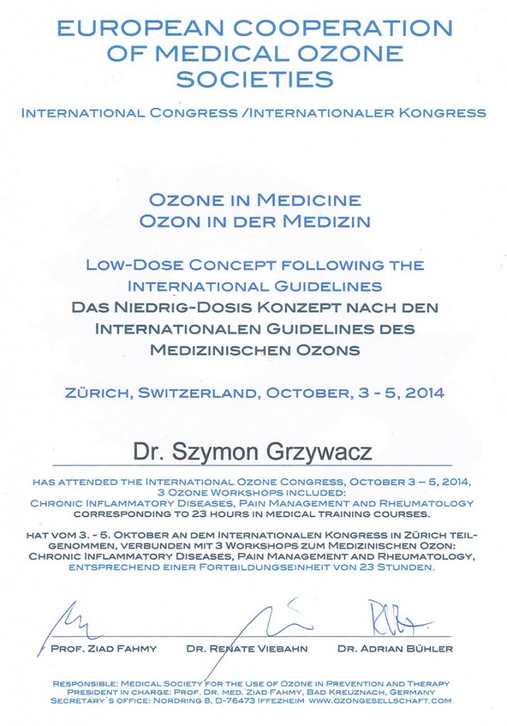 Międzynarodowy Kongres Ozonoterapii Europejskiego Zrzeszenia Medycznych Towarzystw Ozonowych (European Cooperation of Medical Ozone Societies) „Ozon w medycynie. Koncepcja niskich dawek ozonu wg międzynarodowych wytycznych”