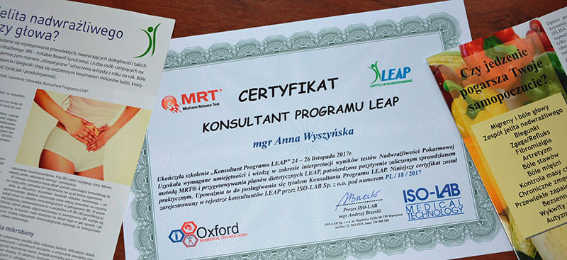 Certificate of MA Anna Wyszyńska granting the rights of a consultant of the LEAP program, entitling her to use the latest diagnostic possibilities in the field of food hypersensitivity by MRT method. 2017.11.24-26, OXFORD Biomedical Technologies, Warsaw